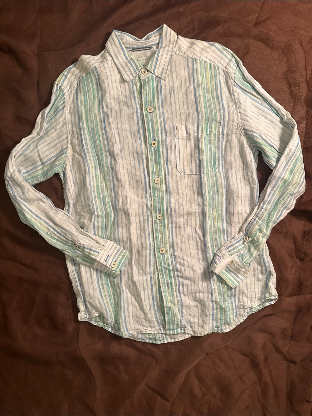Tommy Bahama White Button-Down Shirt with Blue & Green Stripes
